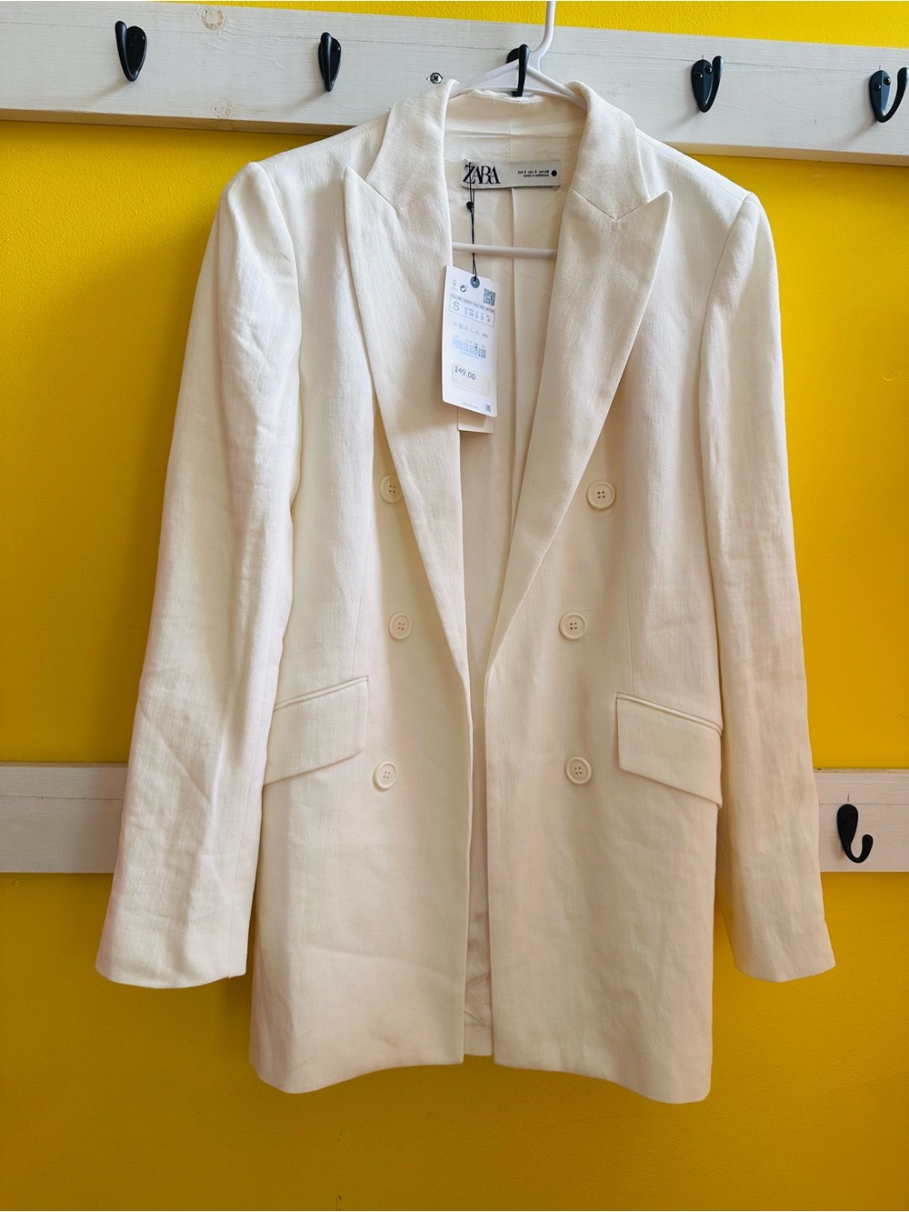 Zara Cream Double-Breasted Linen-Blend Blazer